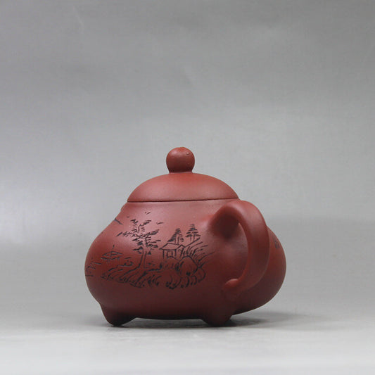 China Yixing Zisha Pottery Plain Cement Clay Carving Landscape Tripodia Teapot
