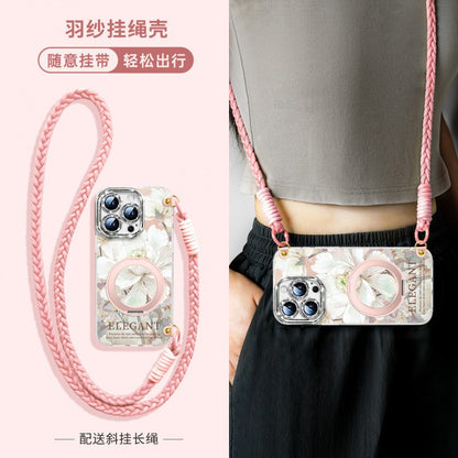 For iPhone 16 Pro/15/14/13 Flower Phone Case with Lanyard/Stand/Crossbody Strap