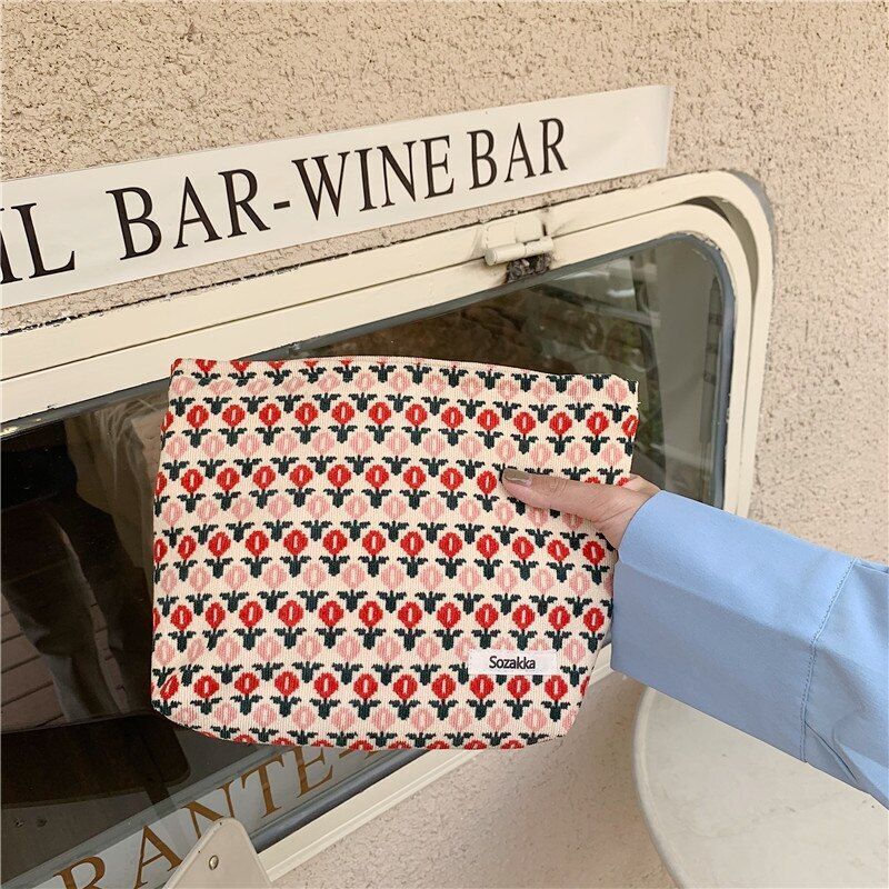 Cosmetic Pouch Embroidery Floral Print Traveling Toiletry Bag Canvas Makeup Case
