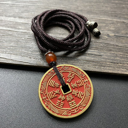 Old Bronze Amulet Pendant Taoist Knot Peace Pendant Cinnabar Necklace