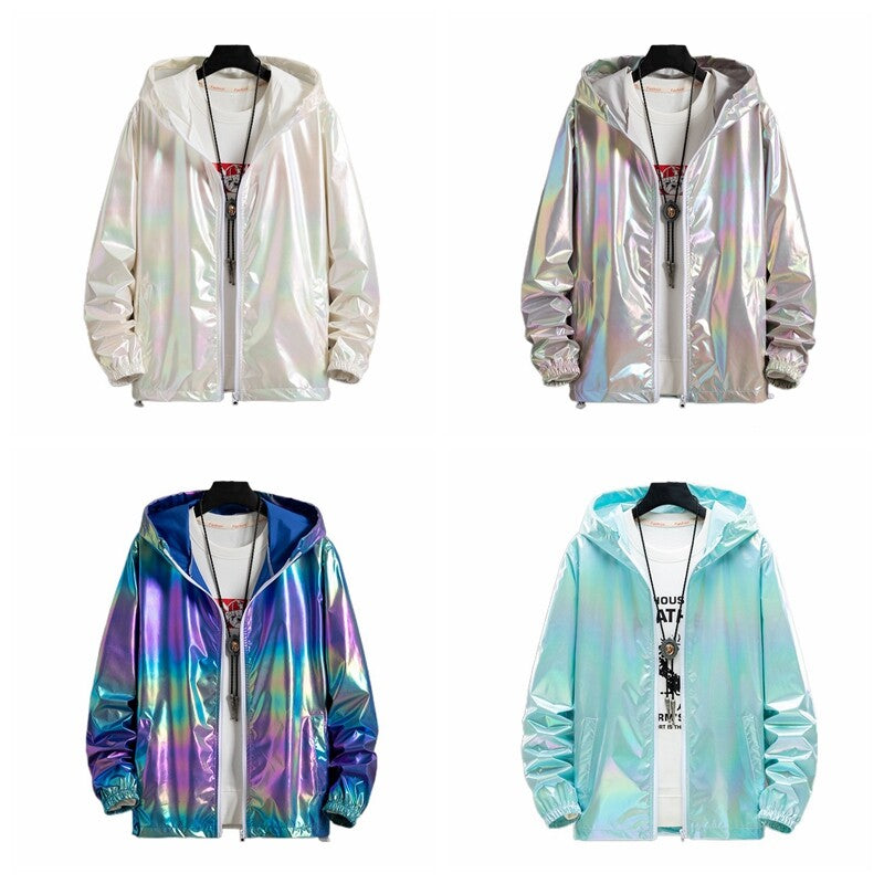 Women Men Hooded Coat Iridescent Shiny Holographic Jacket Top Fashion Hip Hop