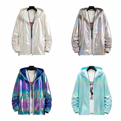 Women Men Hooded Coat Iridescent Shiny Holographic Jacket Top Fashion Hip Hop