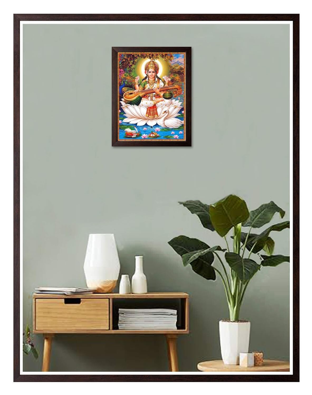 Goddess Saraswati with Swan Painting HD Printed Religious Picture Wooden Frame