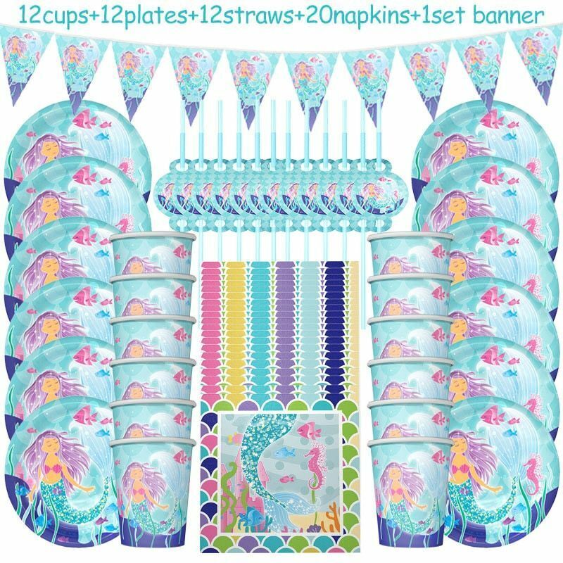 57Pcs/Set Mermaid Party Supplies Kit Baby Shower Under the Sea Theme Decorations