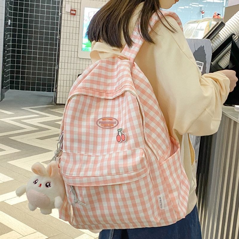 Laptop Bag Nylon College Backpack Cool Traveling Plaid Book Bag 31*15*44 CM Pink