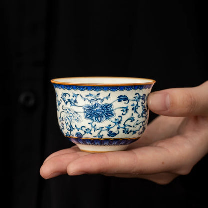 65ml Ru Kiln Blue and White Entangled Lotus Round Tea Cup Exclusive Single Cup
