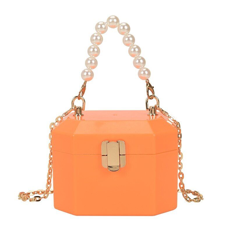 Box Handbags Women Pearl Beads Decor Lock Chain Shoulder Bag Purses Bag