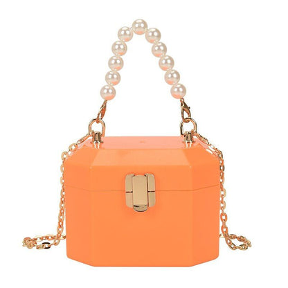 Box Handbags Women Pearl Beads Decor Lock Chain Shoulder Bag Purses Bag