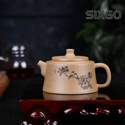 4.9" Collect Chinese Yixing Zisha Pottery Green Ash Mud 245ML Flower Bird Teapot