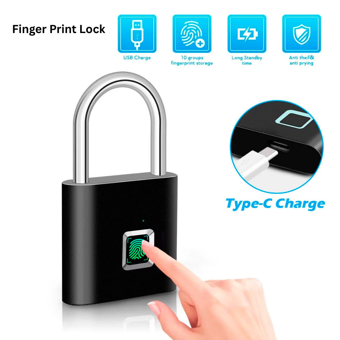 Smart Fingerprint Padlock Waterproof Keyless Door Lock Type C Rechargeable