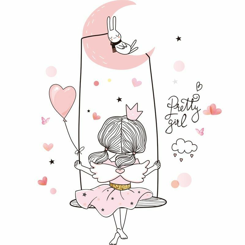 Wall Stickers Cartoon Girl Moon DIY Mural Decals Rooms Bedroom House Decoration