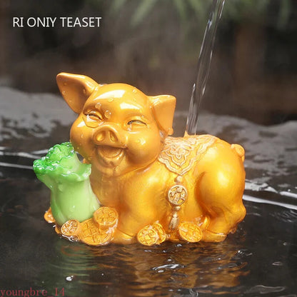 Lucky Piggy Statue Resin Color Changing Tea Pet Animal Tea Figurine Ornaments