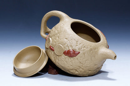 Handmade Tea Pot 9 Infuser Holes Yixing Zisha Duan Clay Frog Carved Relief Pot