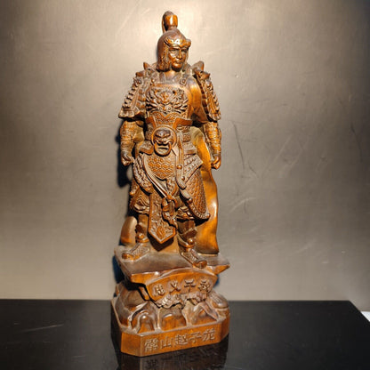 8" Boxwood wood carving Zhao Zilong statue home decor figurines fierce fighter