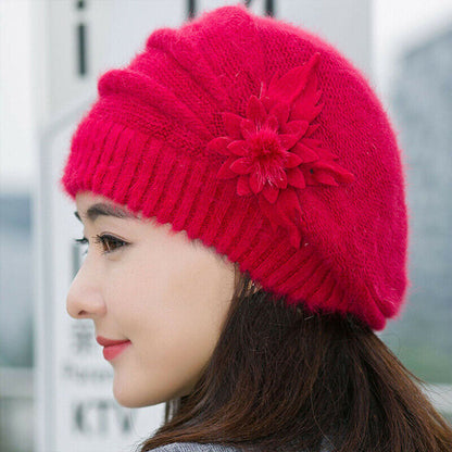 Women Winter Warm Baggy Beanie Beret Knit Flower Crochet Hat Casual Cap Gifts