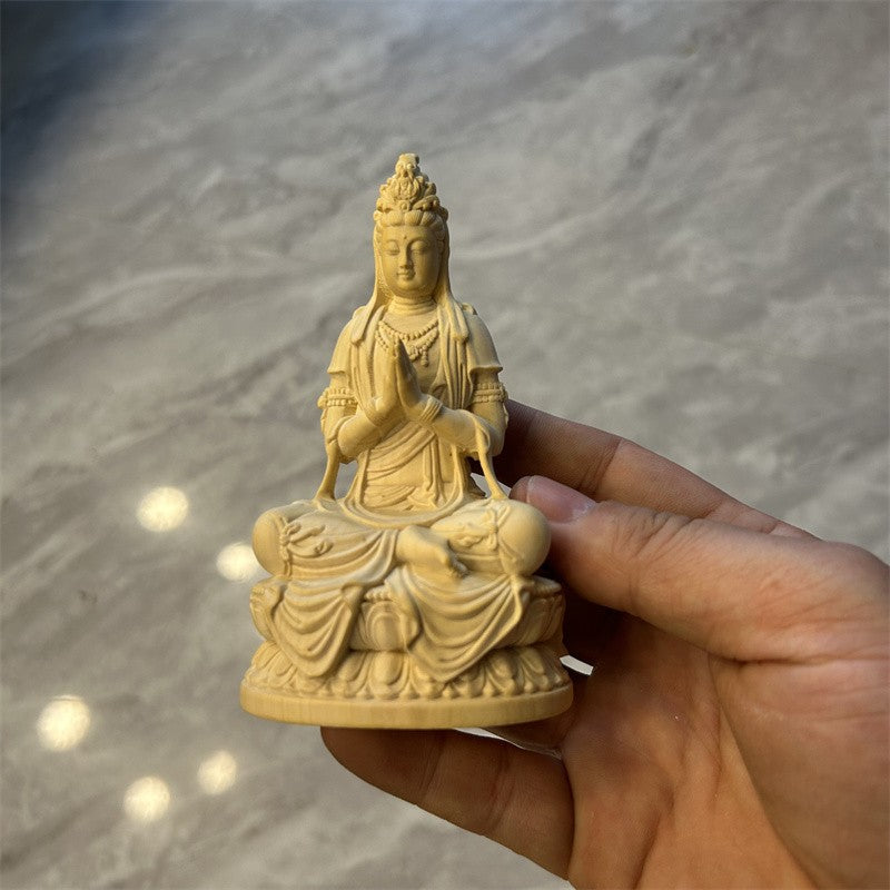 11cm Retro Boxwood Handcarved Avalokitesvara Bodhisattva Buddha Statue Ornament