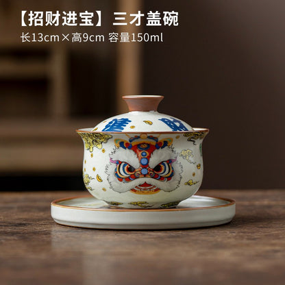 Ru Kiln Lion Awakening Three Cai Gaiwan Teacup Kung Fu Ceramic Tea Set