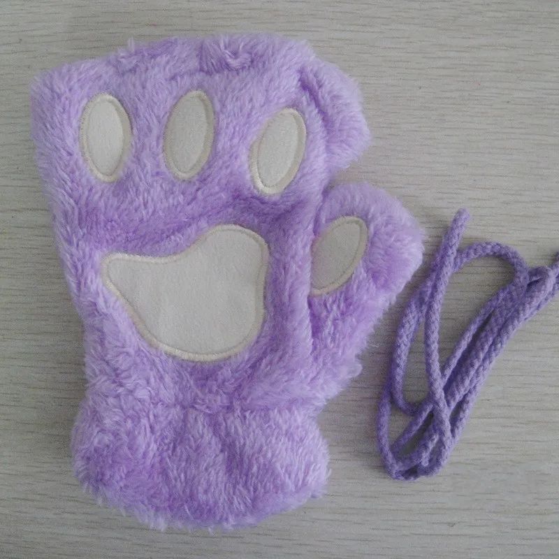 Women Fingerless Gloves Plush Fluffy Cat Paw Claw Panda Mittens Warm Winter Wear