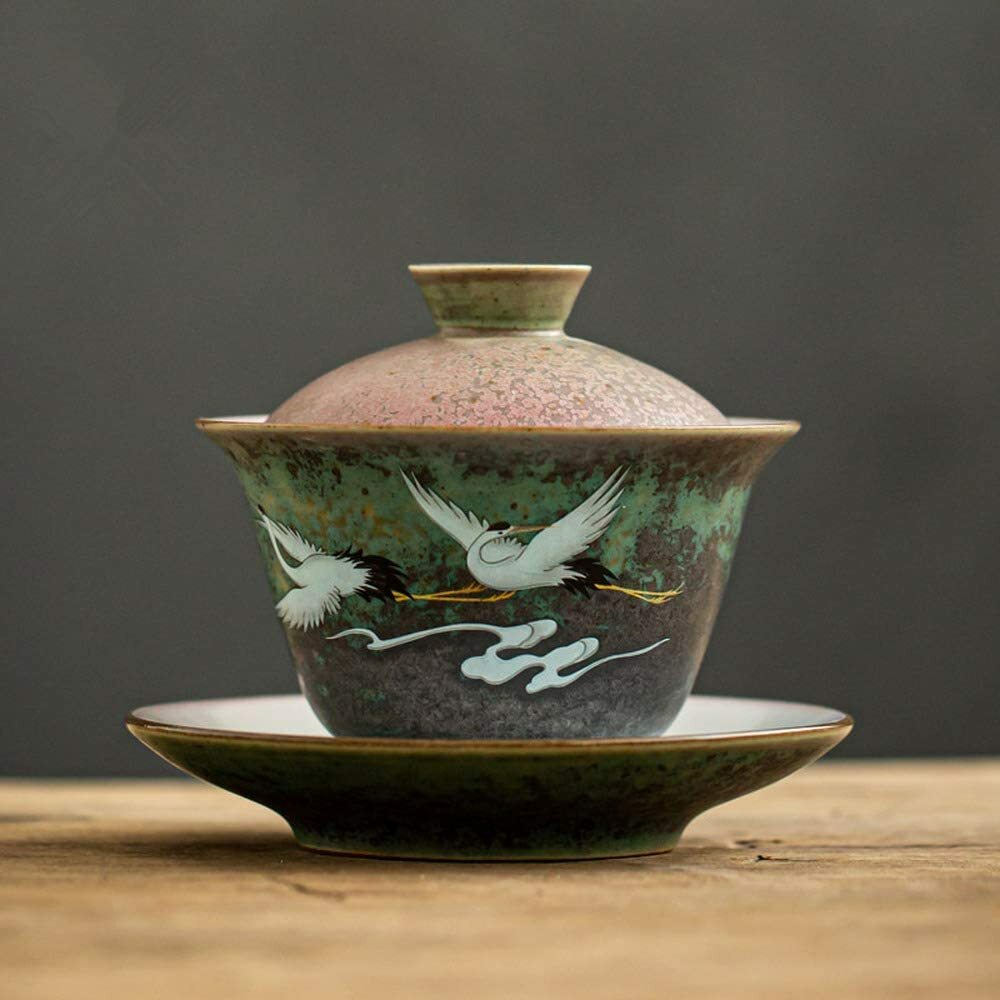 140ml Ceramic Retro Gaiwan Tea Bowl Crane Pattern Tureen Kung Fu Tea Ceremony