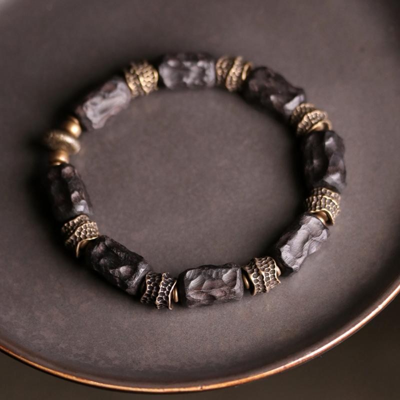Retro Chinese Style Black Wood Bracelet | Brass Accent Handmade Beaded Bracelet