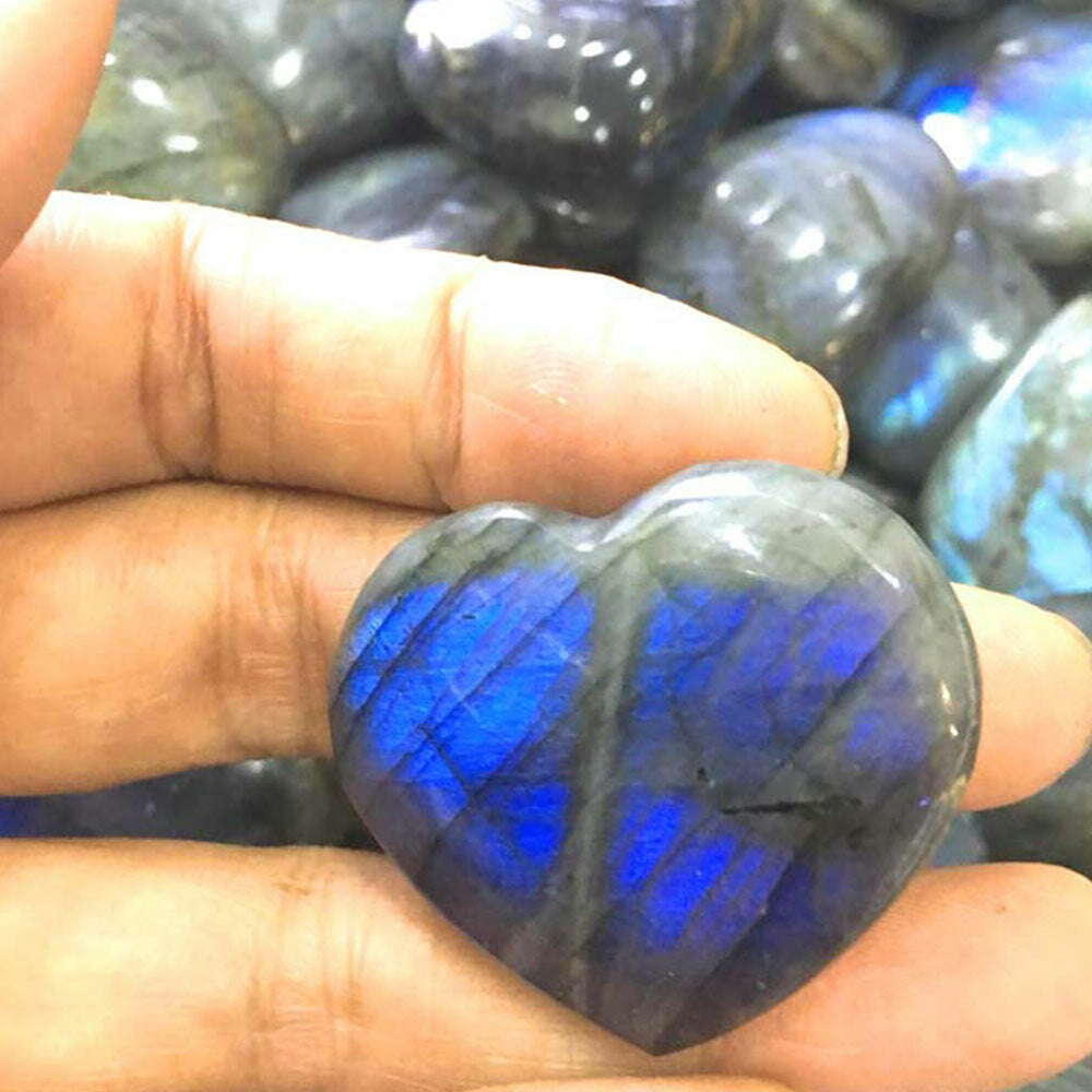 2pcs Natural Labradorite Heart Quartz Spectrolite Healing Palm Stone Rock Polish