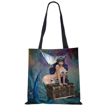 Mermaid Print Shoulder Bag Women Shopping Reusable Bags Large Travel Beach Bags