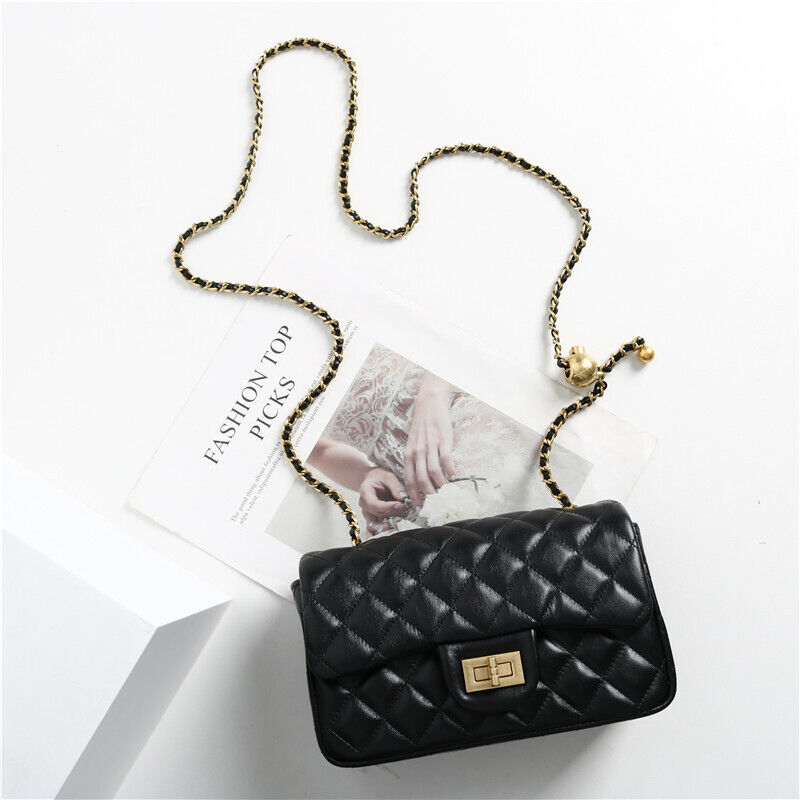 Quilted Real Leather Small Flap Purse Handbag Shoulder Bag w/ Chain Clutch Pouch