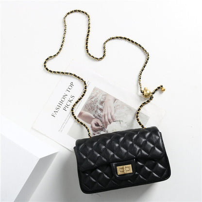 Quilted Real Leather Small Flap Purse Handbag Shoulder Bag w/ Chain Clutch Pouch