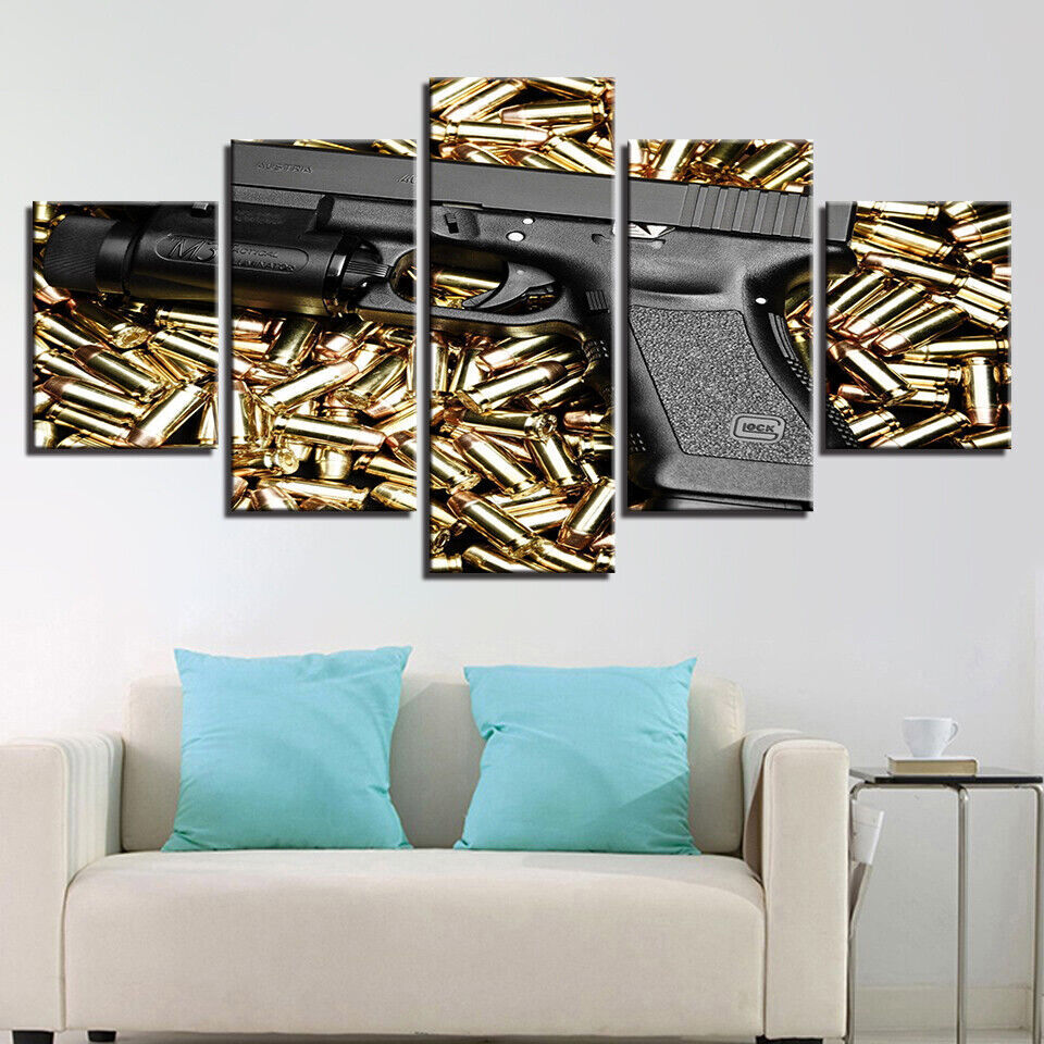 Pistol and Bullets Canvas Prints Painting Wall Art Home Decor Picture 5PCS