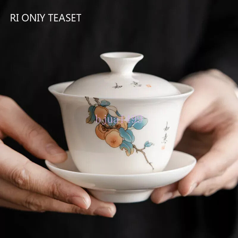 Chinese Suet Jade White Porcelain Tea Tureen Bowl Handmade Ceramic Teacup