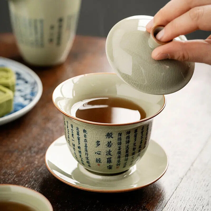 Retro Heart Meridian Tea Tureen Ru Kiln Ceramic Bowl Gaiwan Teaware Set Tea Cup