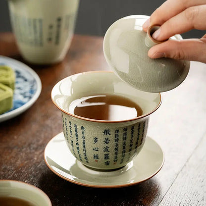 Retro Heart Meridian Tea Tureen Ru Kiln Ceramic Bowl Gaiwan Teaware Set Tea Cup