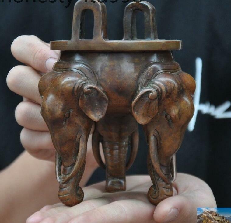 5" Mark Old Chinese Buddhism Bronze Elephant Head Statue Incense Burner Censer