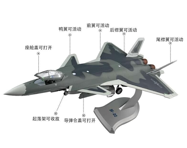 1:48 44CM J-20 Stealth Fighter Diecast Airplane Military Aircraft Plane Model