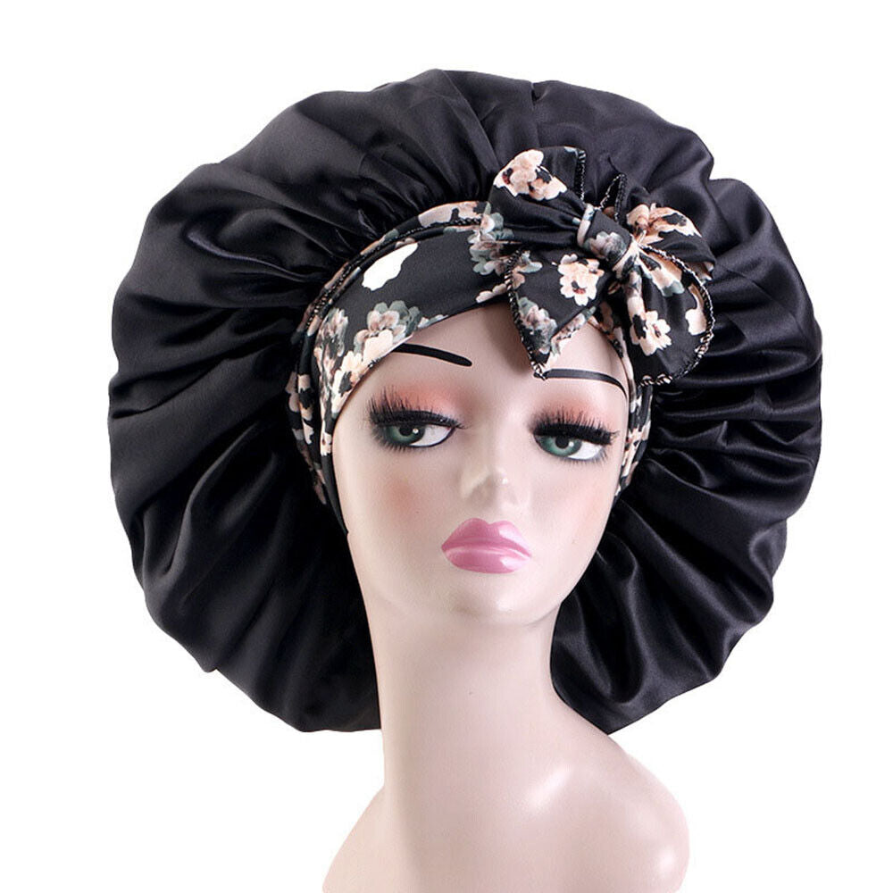 Women Large Double Layer Print Satin Bonnet Adjustable Shower Cap Bonnet Hat