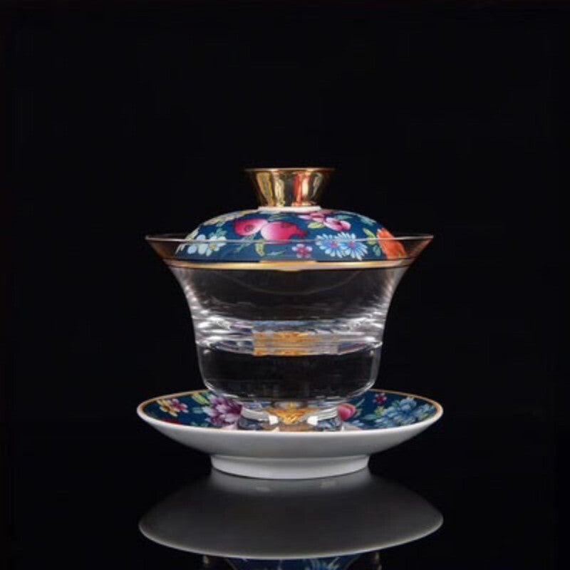 Tea Bowl Thickened Glass Tureen Tea Cover Bowl Lid Sancai Gaiwan Hand Painted