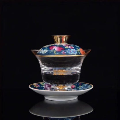 Tea Bowl Thickened Glass Tureen Tea Cover Bowl Lid Sancai Gaiwan Hand Painted
