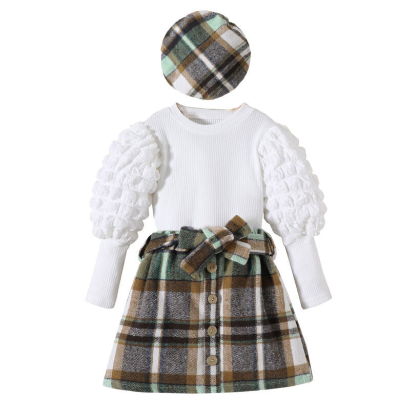 Toddler Baby Girls Winter Clothes Knitted Tops+Dress Beret Hat Outfits Set Gift