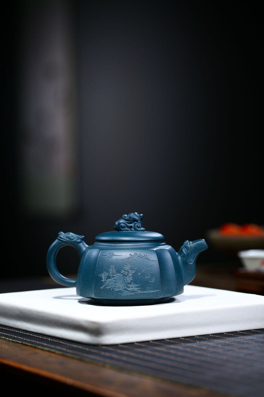 6"China Yixing Zisha Pottery Celeste Clay 200ML Four Sides Dragon Kung Fu Teapot