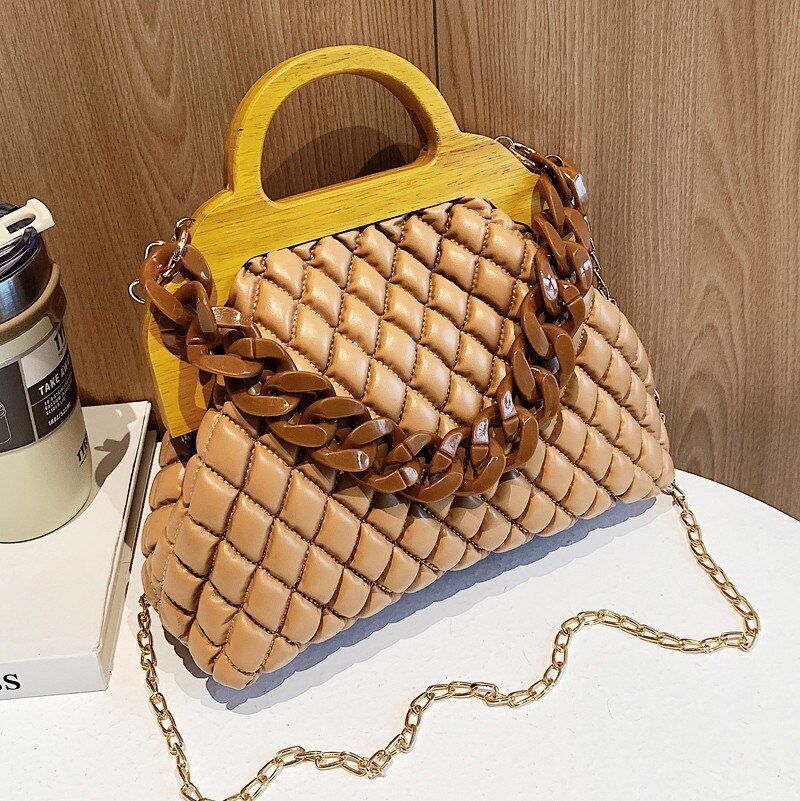 Handbag Thick Chain Vintage Wood Grain Shoulder Clutch Purses Bag 25*21*9CM Hasp