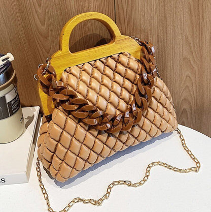 Handbag Thick Chain Vintage Wood Grain Shoulder Clutch Purses Bag 25*21*9CM Hasp