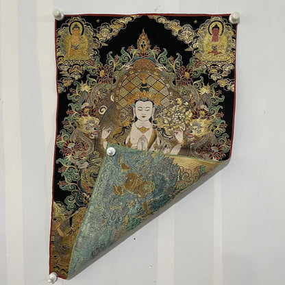 35" Tibetan Buddhism Embroidery Four-armed Guanyin Buddha Thangka Worship Hall