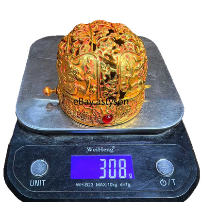 4"Chinese Ancient Dynasty Bronze Gilt Fengshui Wealth Cap Crown Statue