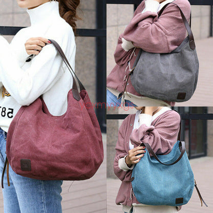 New Women Canvas Tote Bag Casual Handbag Travel Large Zipper Shoulder Purse