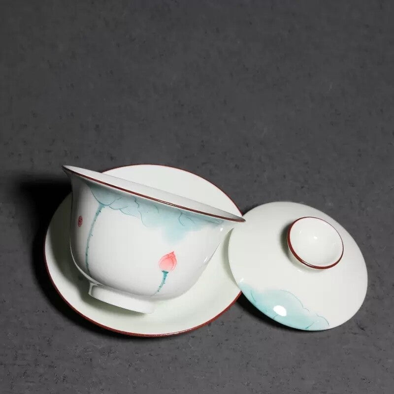 porcelain tea brewer gaiwan handpainted San Cai bowl with saucer 150cc tureen