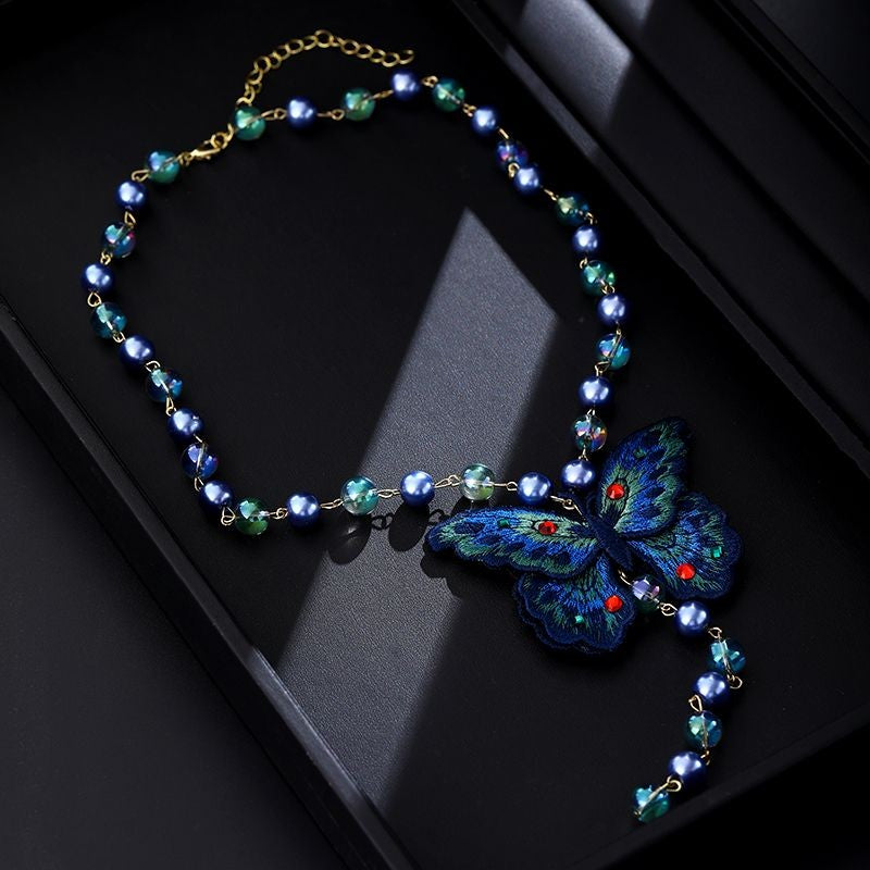 New Chinese Embroidered Butterfly Sweater Necklace Blue Beaded Vintage