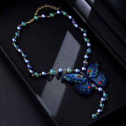 New Chinese Embroidered Butterfly Sweater Necklace Blue Beaded Vintage