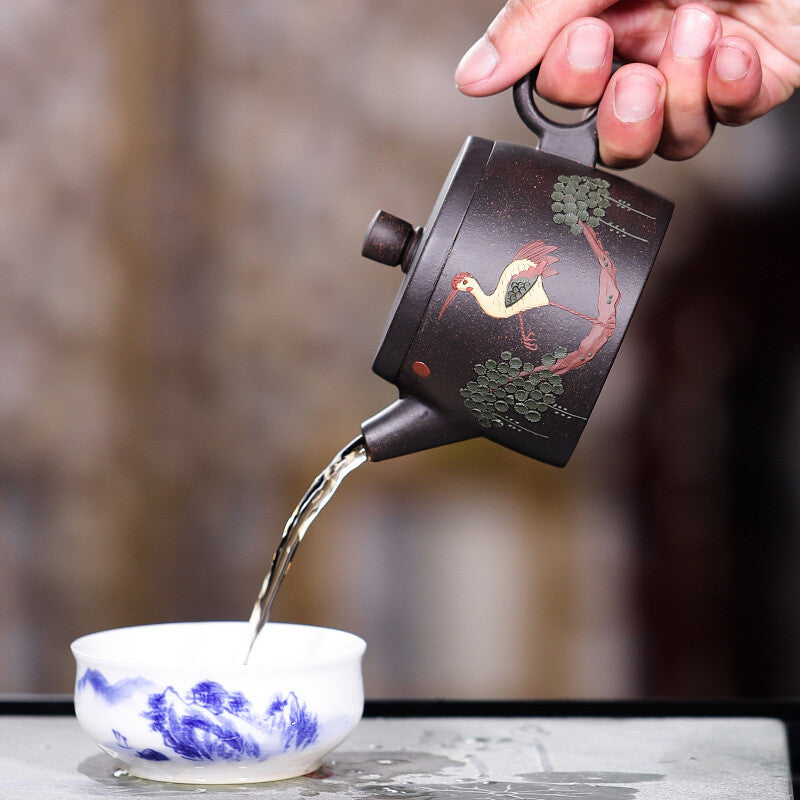Real Yixing Zisha Black Clay Tea Pot Crane Relief Carved Handmade Tea Pot