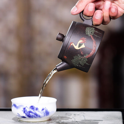 Real Yixing Zisha Black Clay Tea Pot Crane Relief Carved Handmade Tea Pot