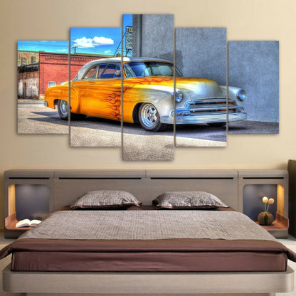 Classic Car Chevrolet Yellow Poster 5 Panel Canvas Print Wall Art Home Decor